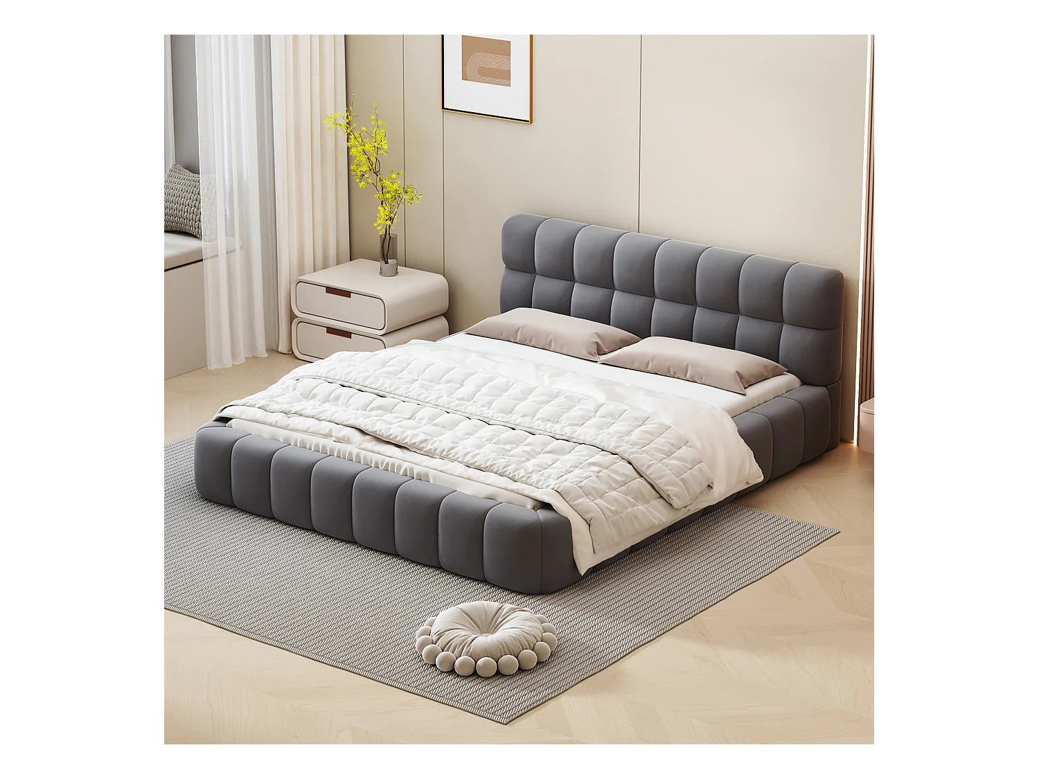Lit adulte 140x190 cm lit double avec dossier moelleux et bordure capitonnée - tissu en lin gris - sans matelas