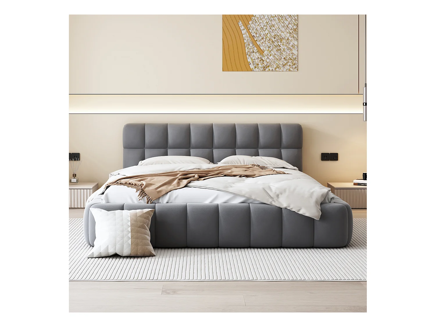 Bett 140x190 cm - Doppelbett mit weicher Rückenlehne und Lattenrost - Leinengrau - Ohne Matratze