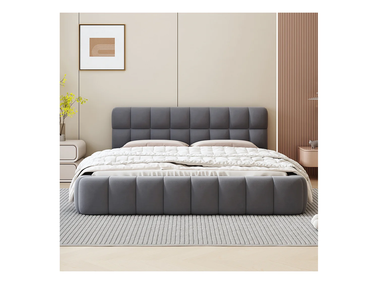 Bett 140x190 cm - Doppelbett mit weicher Rückenlehne und Lattenrost - Leinengrau - Ohne Matratze