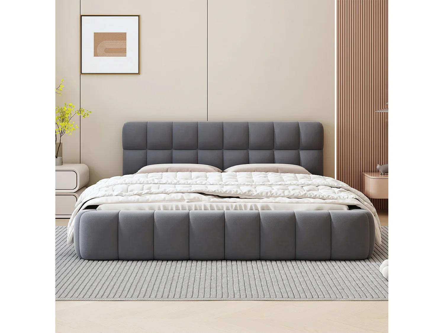 Bed 140x190 cm - Tweepersoonsbed met zachte rugleuning en lattenbodem - Linnengrijs - Zonder matras