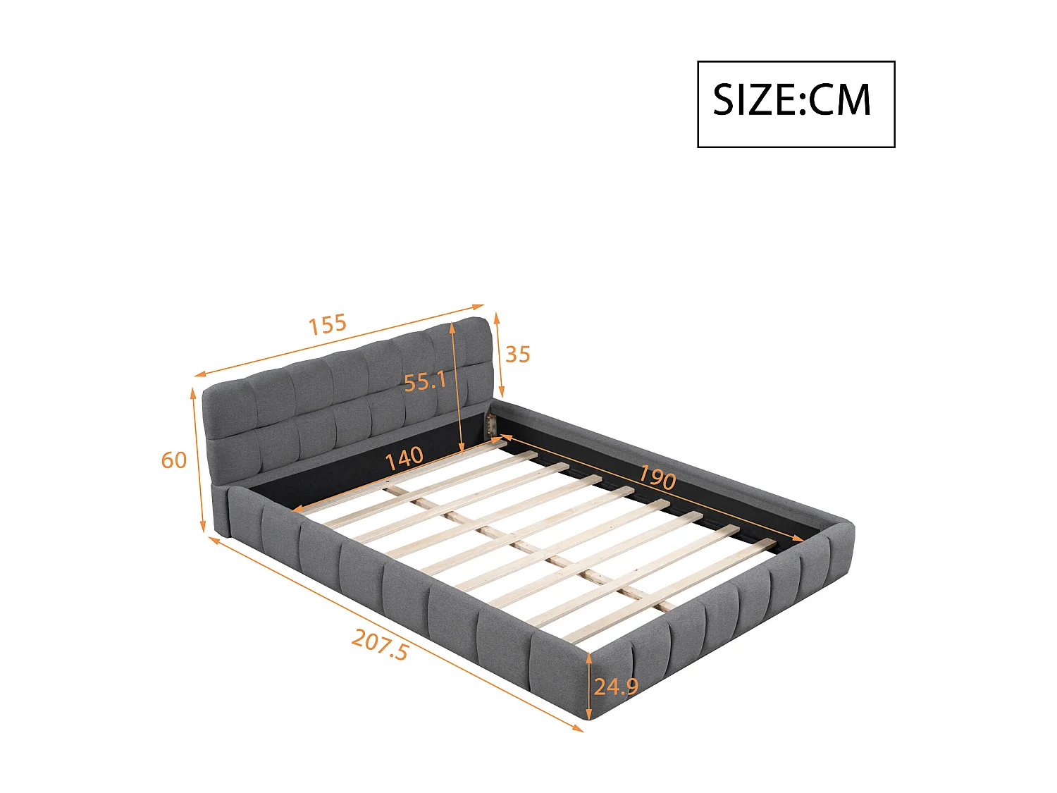 Bed 140x190 cm - Tweepersoonsbed met zachte rugleuning en lattenbodem - Linnengrijs - Zonder matras