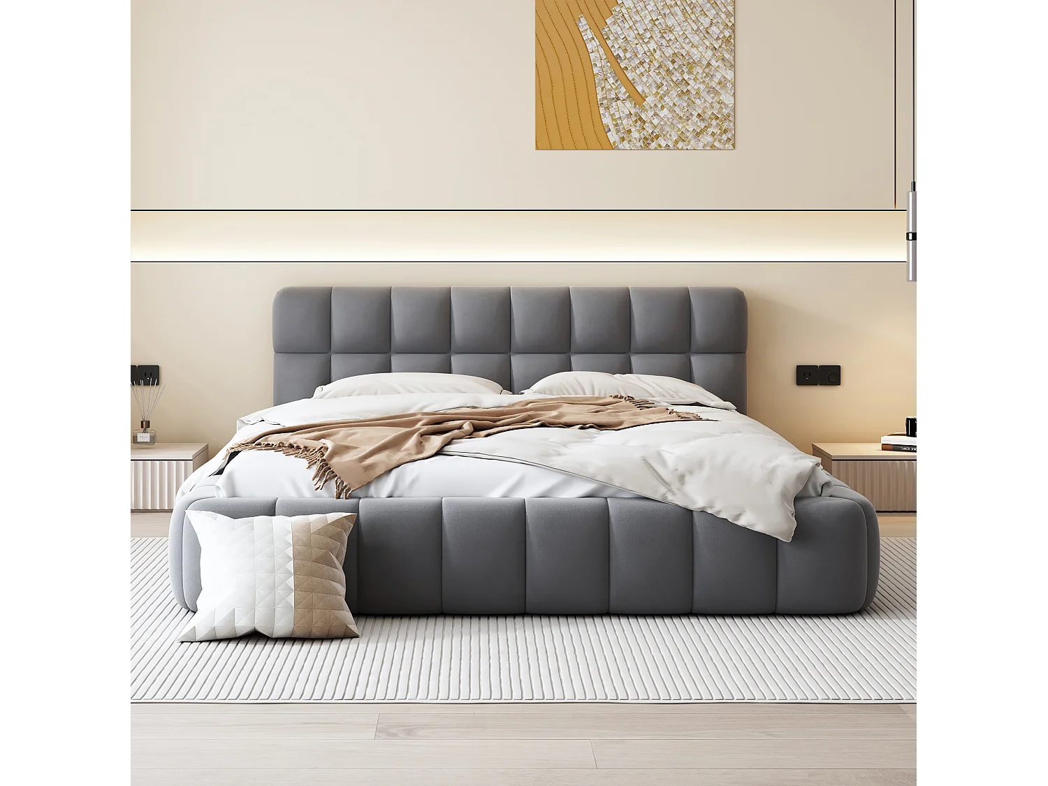 Bed 140x190 cm - Tweepersoonsbed met zachte rugleuning en lattenbodem - Linnengrijs - Zonder matras