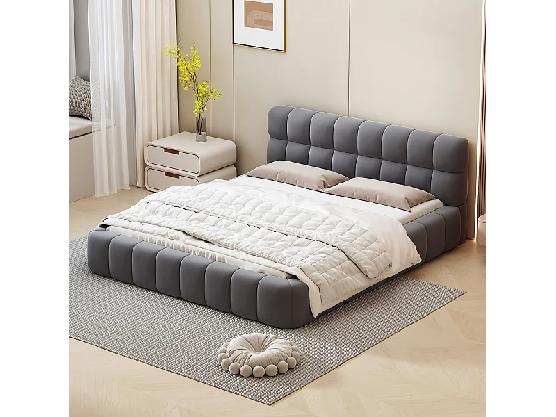 Bed 140x190 cm - Tweepersoonsbed met zachte rugleuning en lattenbodem - Linnengrijs - Zonder matras
