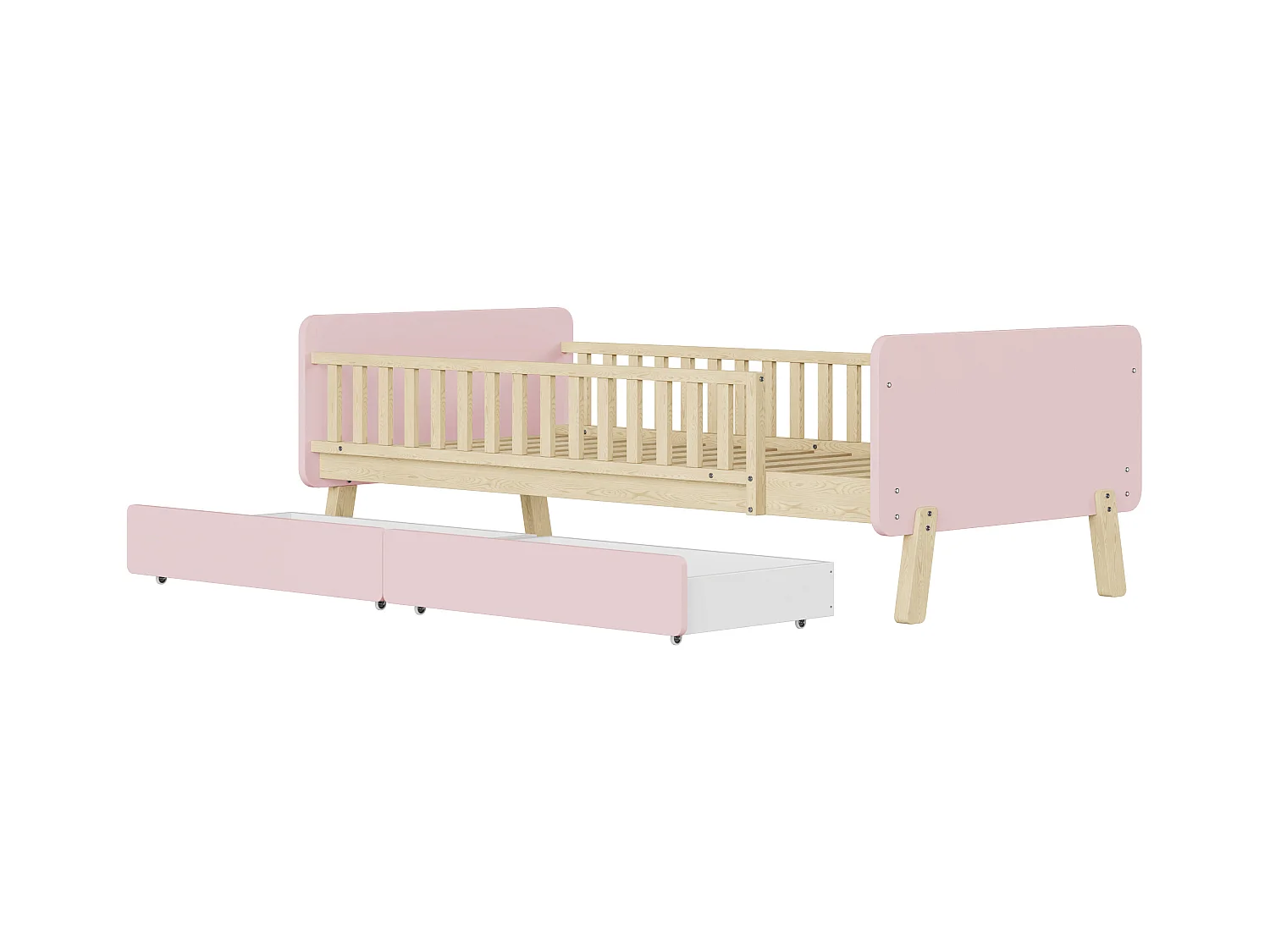 Lit enfant 90x190 cm lit simple avec 2 tiroirs - en bois massif - rose - sans matelas