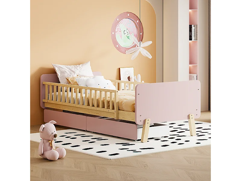 Letto per bambini 90x190 cm con 2 cassetti, letto singolo in legno massello - rosa