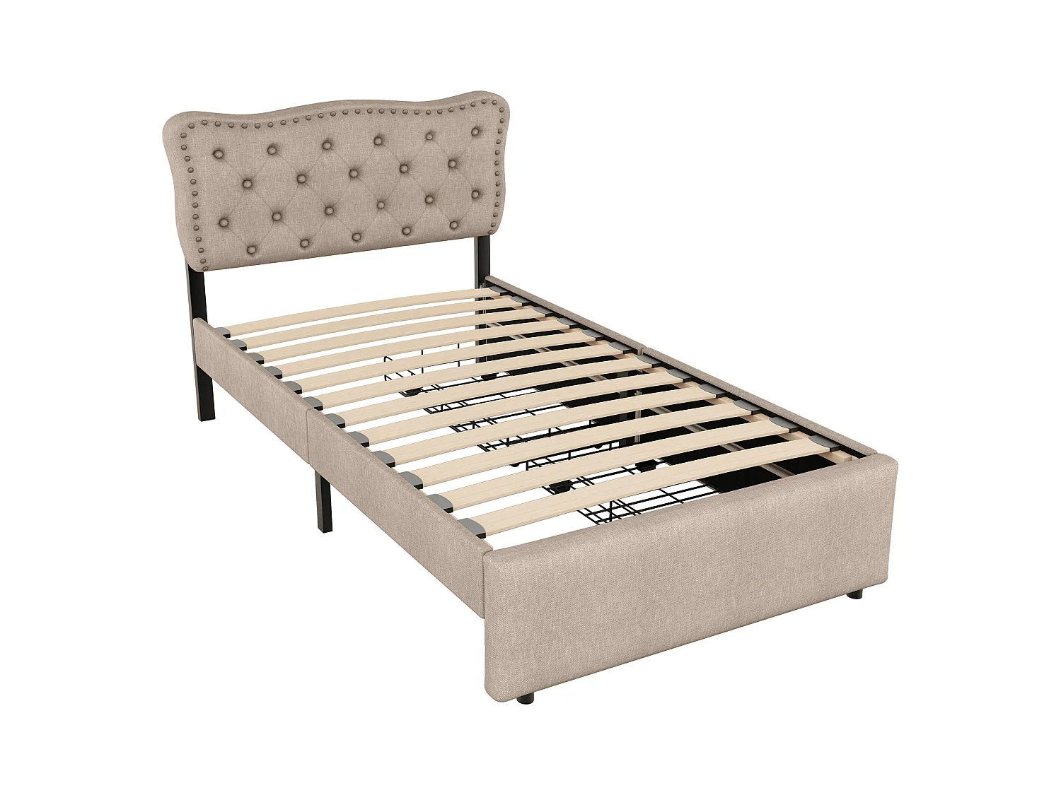 Bed 90x200 cm - donkerbeige linnen - kinderbed met verstelbaar hoofdbord en 2 lades - zonder matras