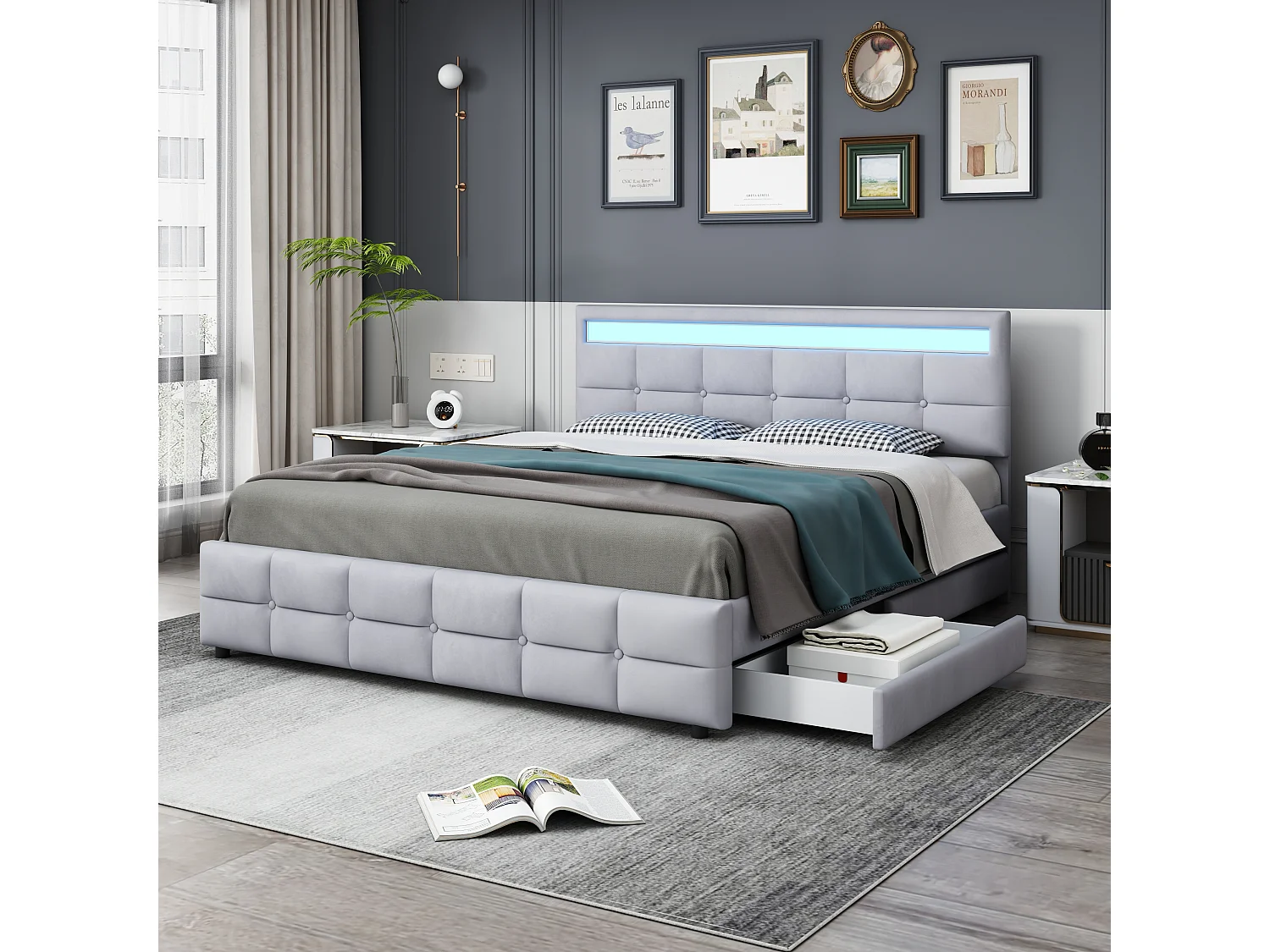 180 x 200 cm Bett – Grauer Samtstoff – Doppelbett mit 4 Schubladen und LED-Beleuchtung – ohne Matratze