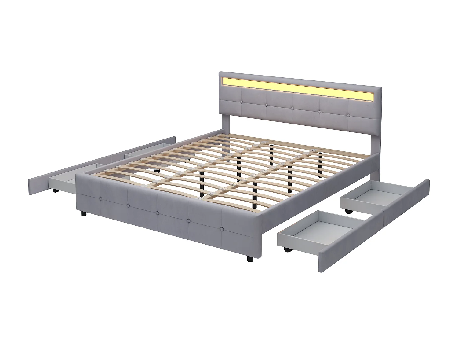 180 x 200 cm Bett – Grauer Samtstoff – Doppelbett mit 4 Schubladen und LED-Beleuchtung – ohne Matratze