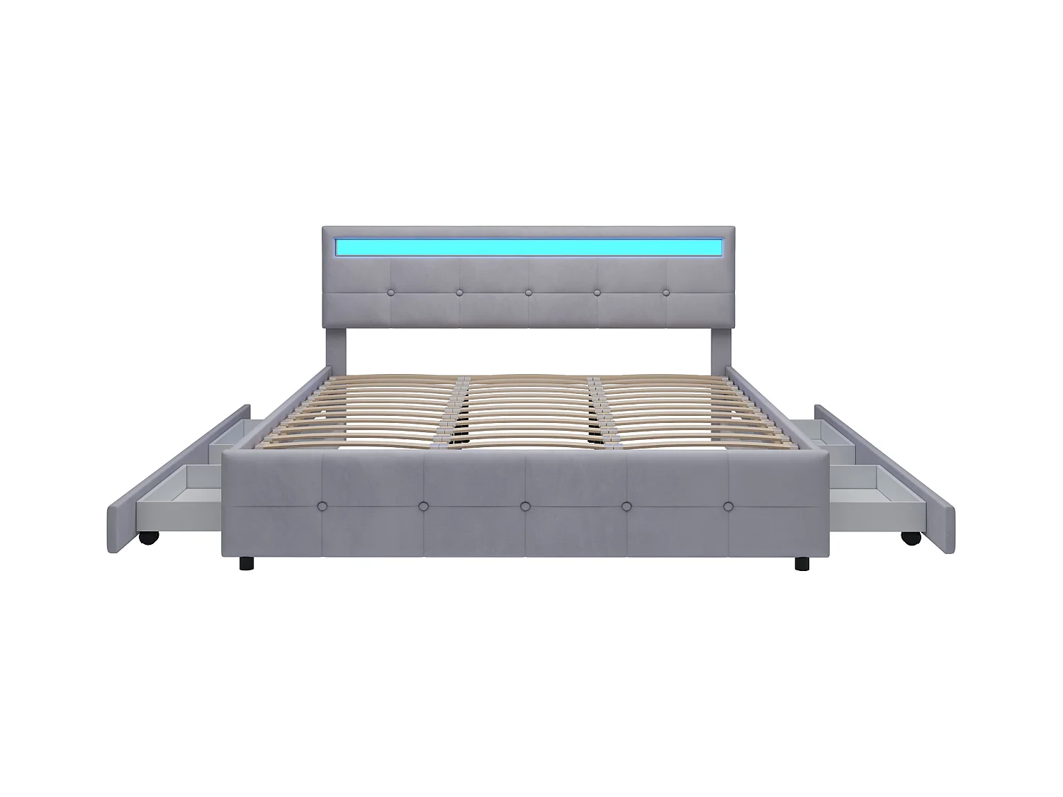 180 x 200 cm Bett – Grauer Samtstoff – Doppelbett mit 4 Schubladen und LED-Beleuchtung – ohne Matratze