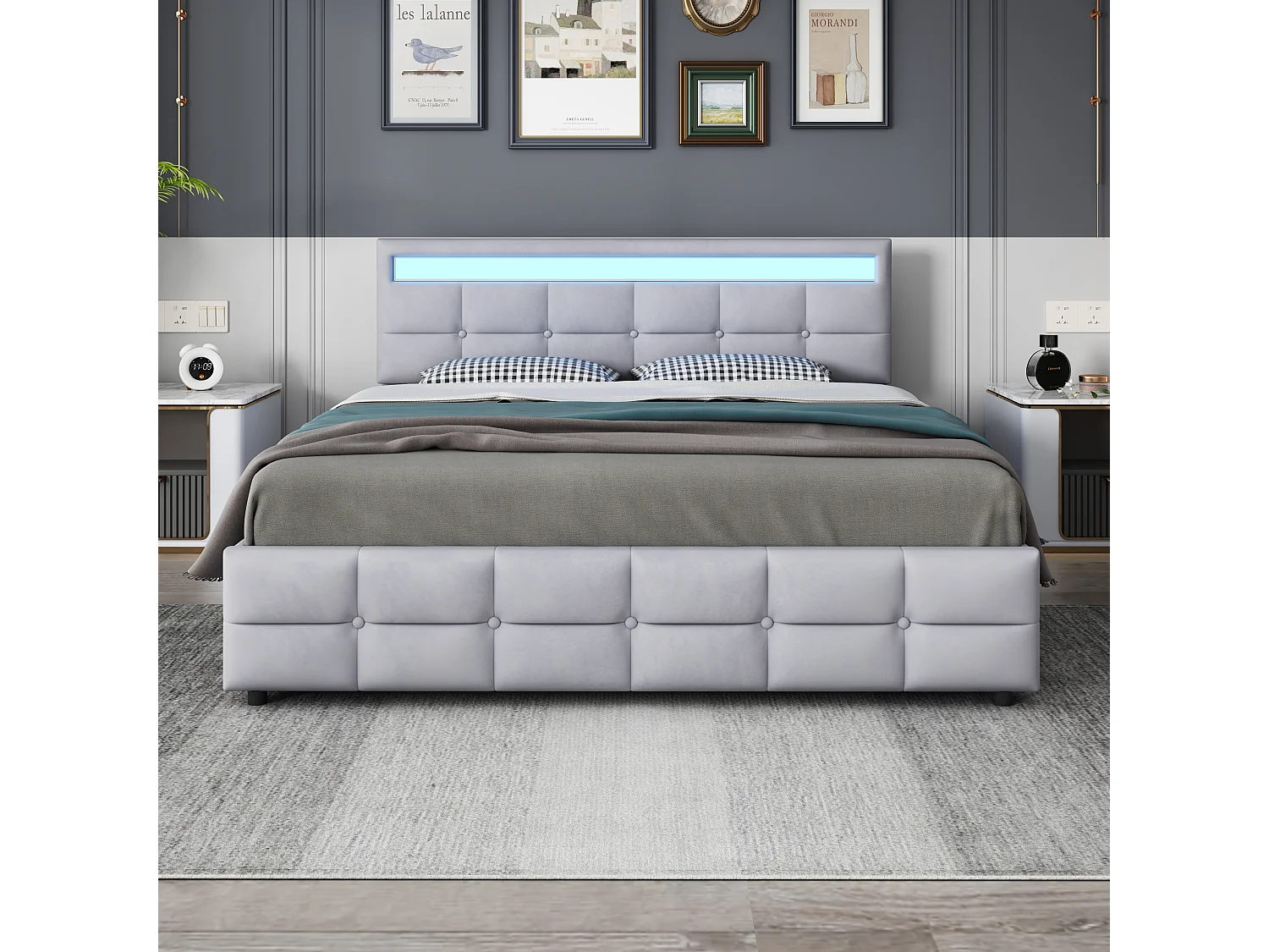 Lit adulte 180x200 cm lit double avec 4 tiroirs et tête de lit capitonné - tissu en velours gris - sans matelas