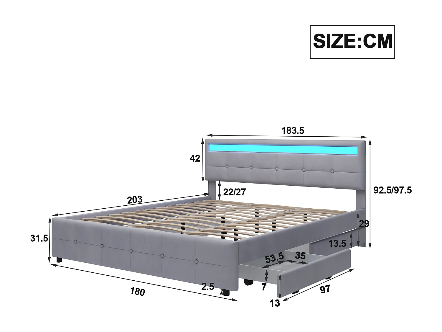 Lit adulte 180x200 cm lit double avec 4 tiroirs et tête de lit capitonné - tissu en velours gris - sans matelas