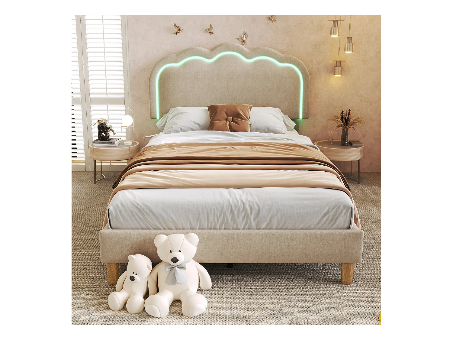 Lit simple 90x190 cm- lit enfant avec éclairage LED et tête de lit réglable - tissu en lin beige - sans matelas