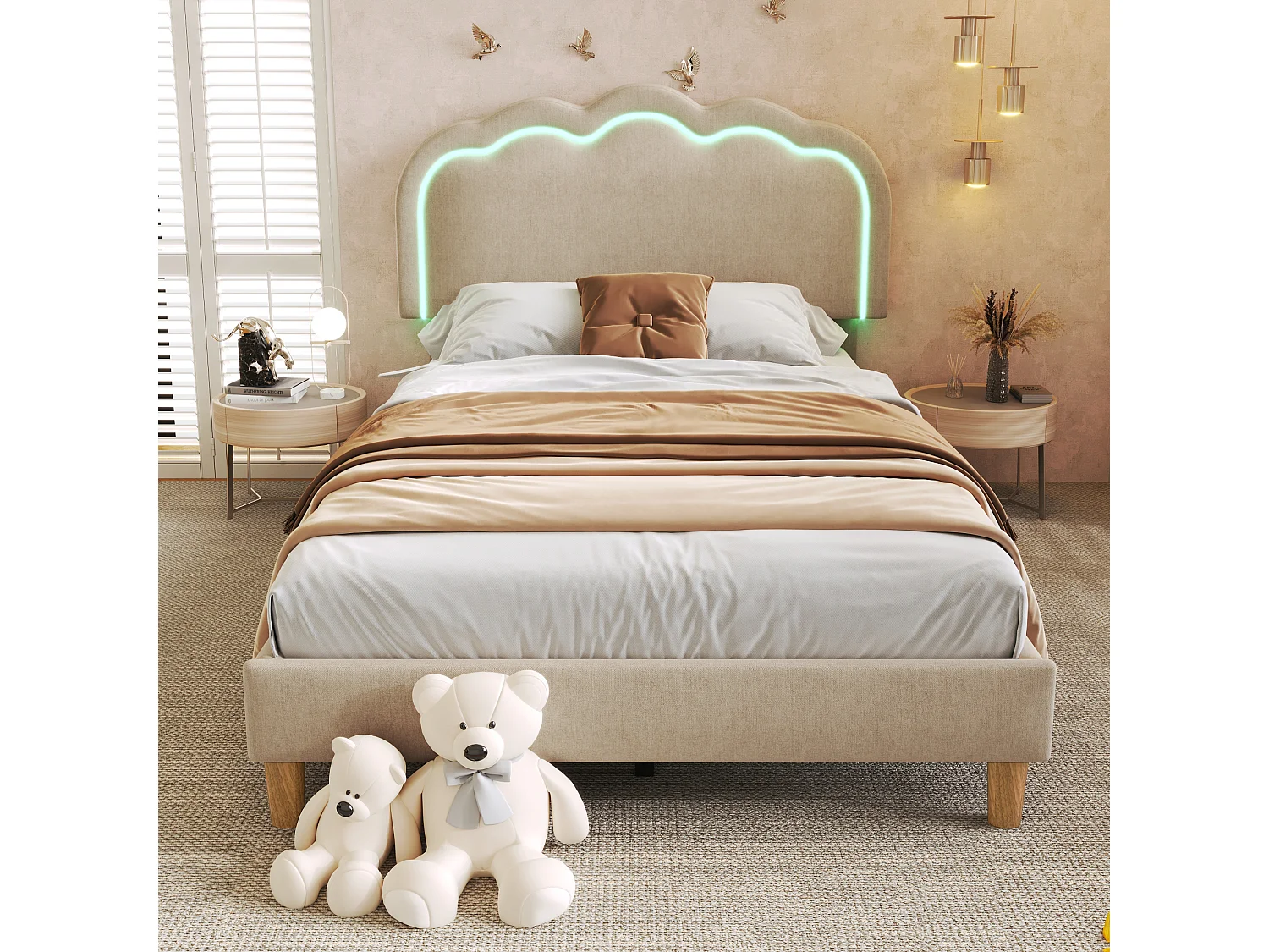 Lit simple 90x190 cm- lit enfant avec éclairage LED et tête de lit réglable - tissu en lin beige - sans matelas