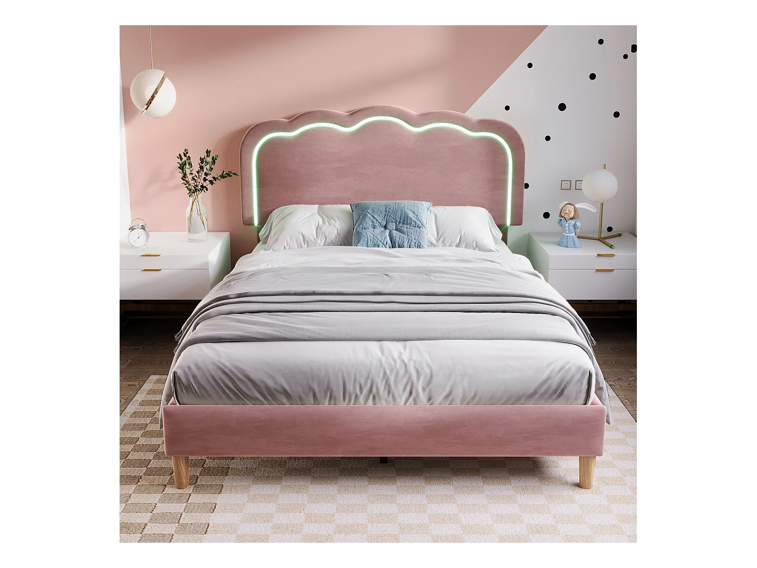 Lit adulte 140x200 cm lit double avec sommier à lattes et tête de lit réglable - velours rose - sans matelas