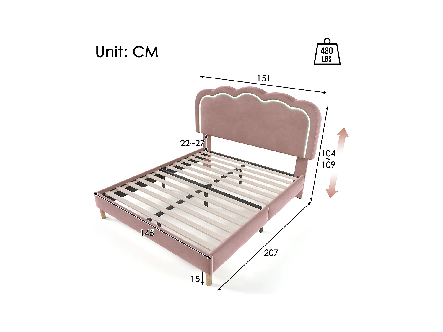 Bett 140x200 cm - Erwachsenenbett mit verstellbarem Kopfteil und Lattenrost - LED-Beleuchtung - Rosa Samt