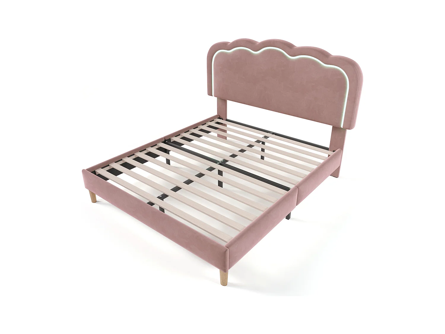 Bett 140x200 cm - Erwachsenenbett mit verstellbarem Kopfteil und Lattenrost - LED-Beleuchtung - Rosa Samt