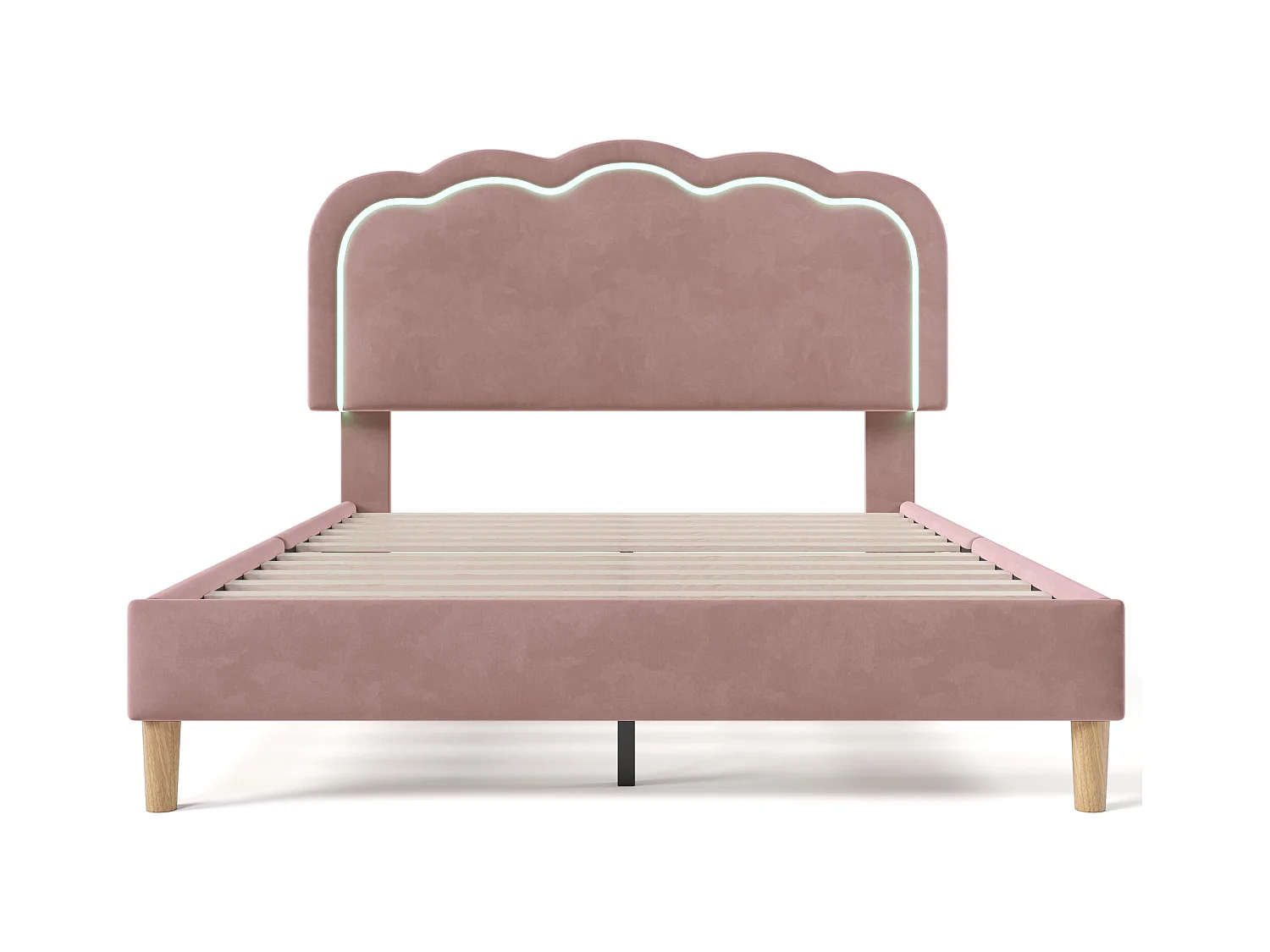 Bett 140x200 cm - Erwachsenenbett mit verstellbarem Kopfteil und Lattenrost - LED-Beleuchtung - Rosa Samt