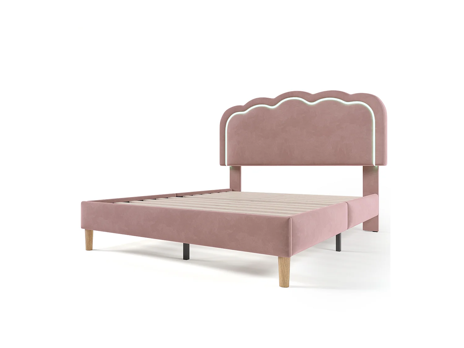 Bett 140x200 cm - Erwachsenenbett mit verstellbarem Kopfteil und Lattenrost - LED-Beleuchtung - Rosa Samt