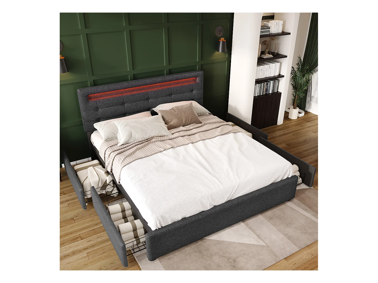 Lit adulte 140x200 cm lit double avec éclairage LED et 4 tiroirs - tissu en lin gris - sans matelas