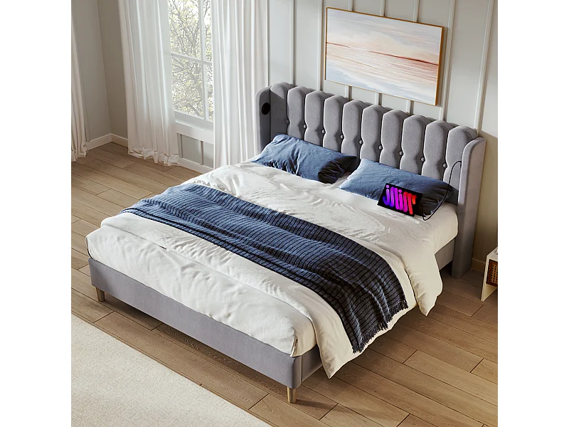 Lit rembourré 160x200 cm matériau en lin avec chargement USB - gris