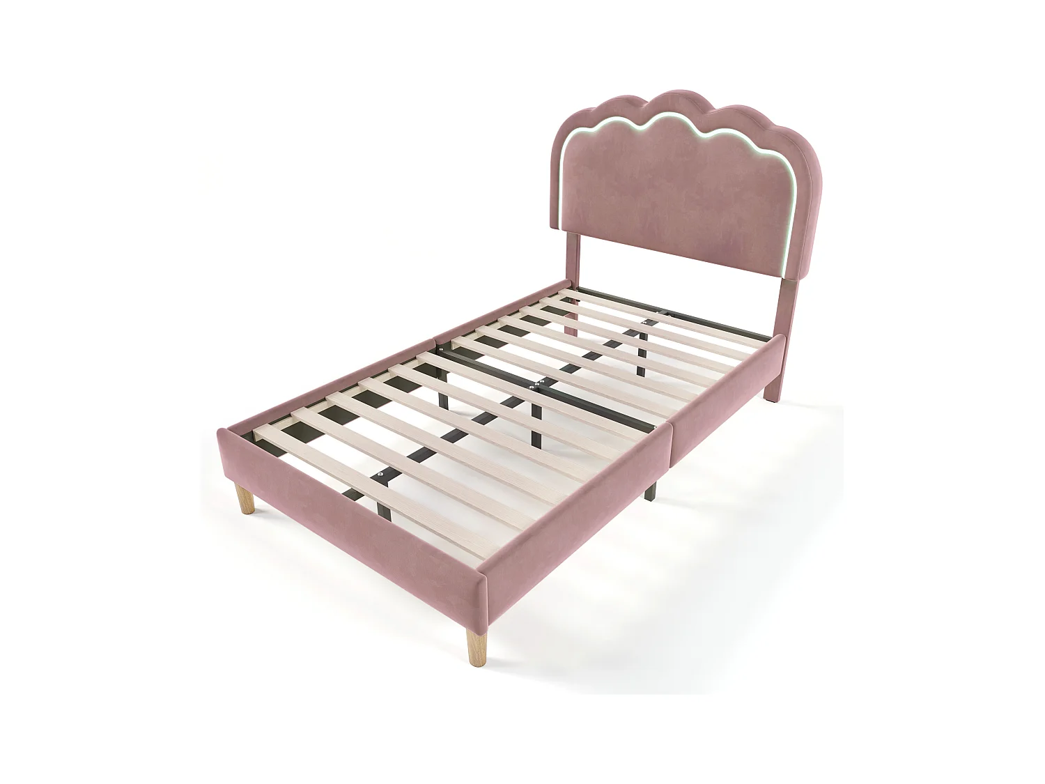 Bett 90x190 cm - Kinderbett mit verstellbarem Kopfteil und Lattenrost - LED-Beleuchtung - Rosa Samt