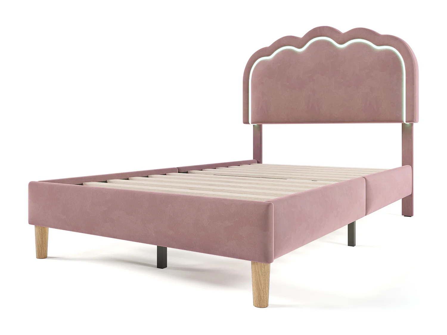 Lit enfant 90x190 cm lit simple avec sommier à lattes et tête de lit réglable - tissu en velours rose - sans matelas