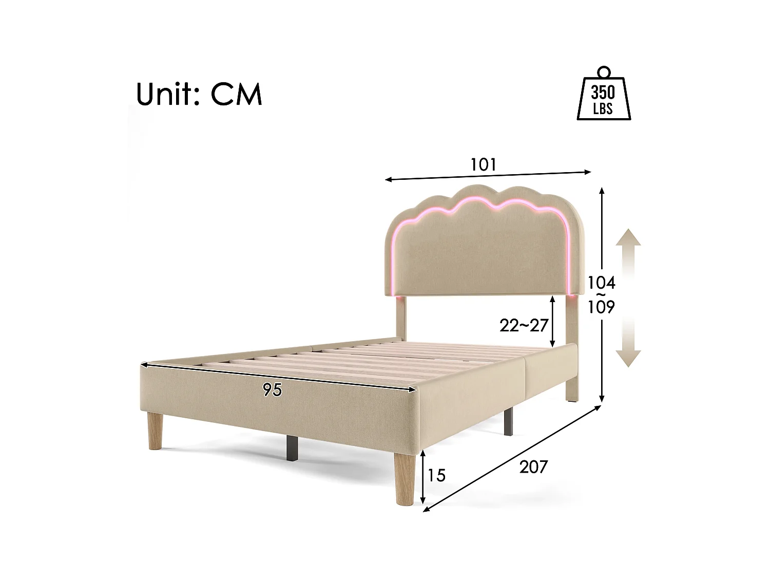 Bett 90x200 cm - Jugendbett mit verstellbarem Kopfteil und Lattenrost - LED-Beleuchtung - Beiges Leinen