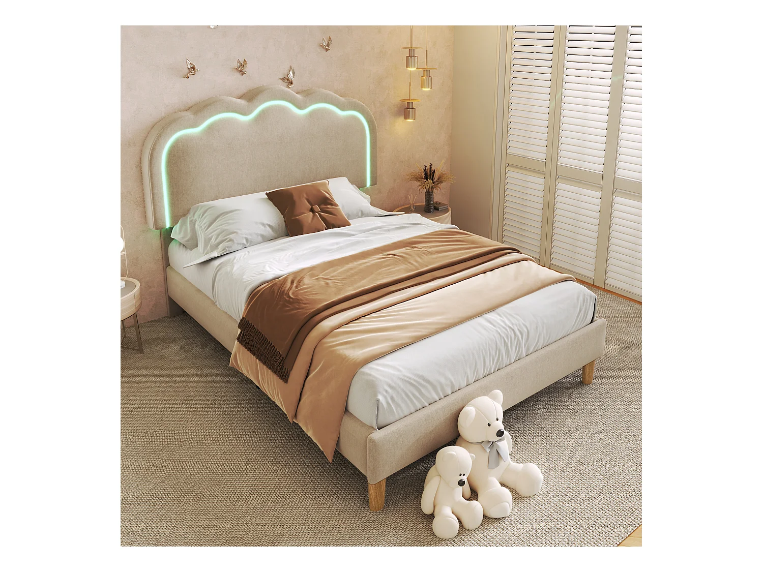 Bett 90x200 cm - Jugendbett mit verstellbarem Kopfteil und Lattenrost - LED-Beleuchtung - Beiges Leinen