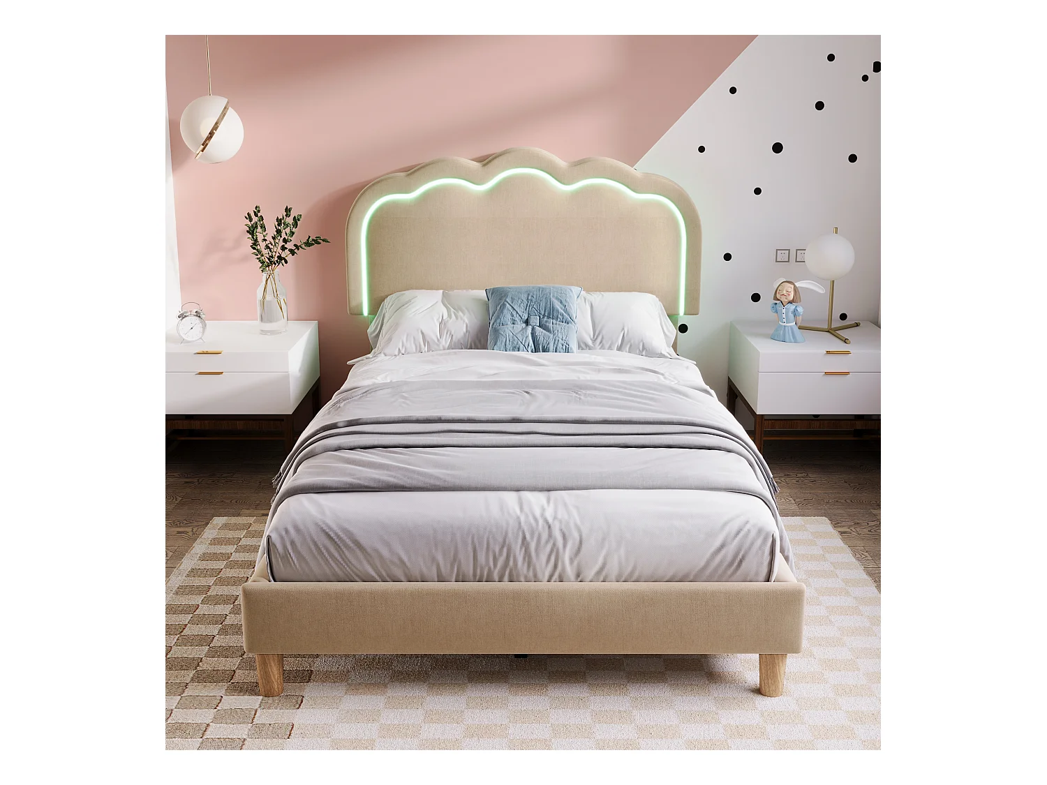 Bett 90x200 cm - Jugendbett mit verstellbarem Kopfteil und Lattenrost - LED-Beleuchtung - Beiges Leinen