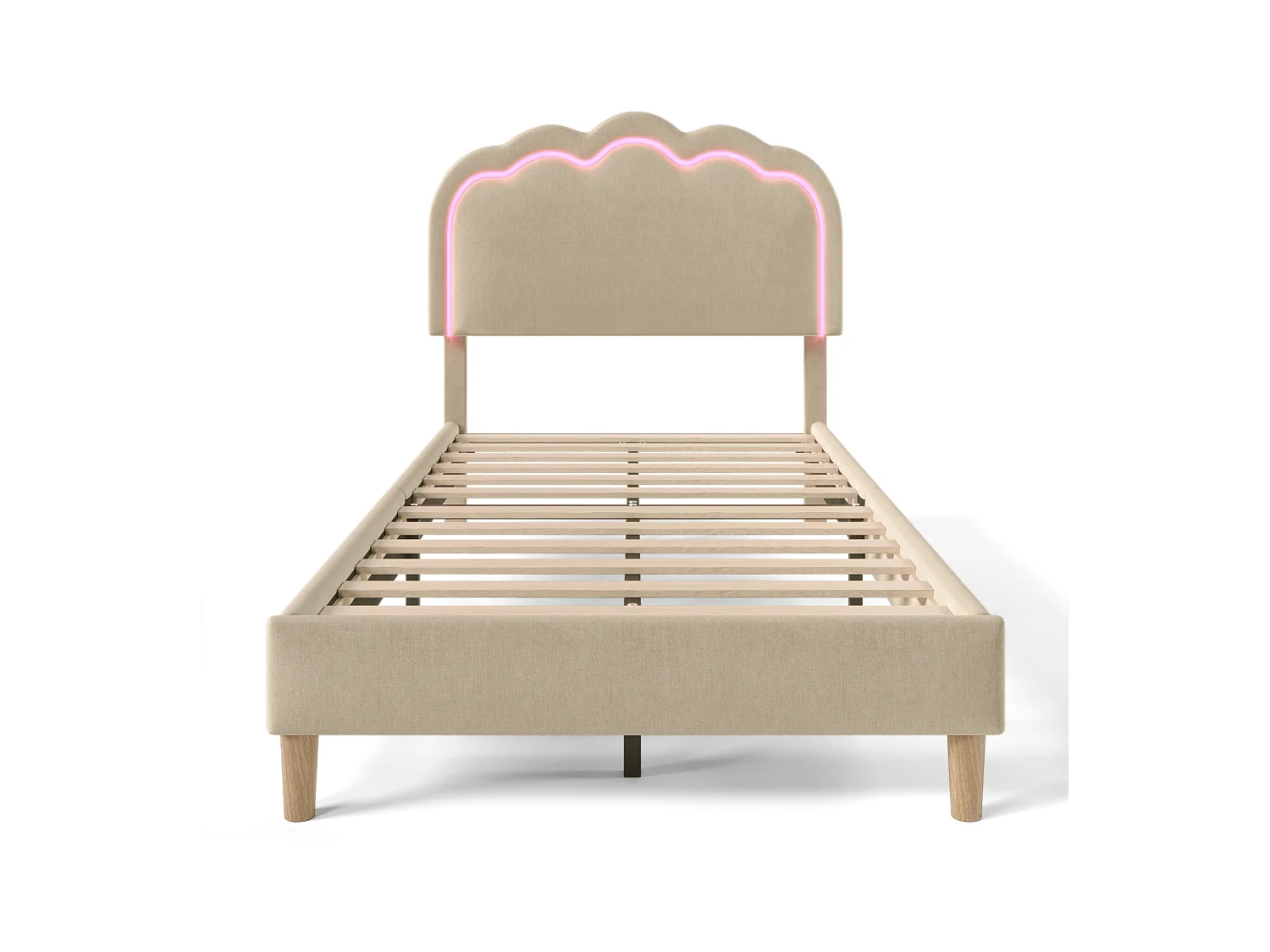Bett 90x200 cm - Jugendbett mit verstellbarem Kopfteil und Lattenrost - LED-Beleuchtung - Beiges Leinen
