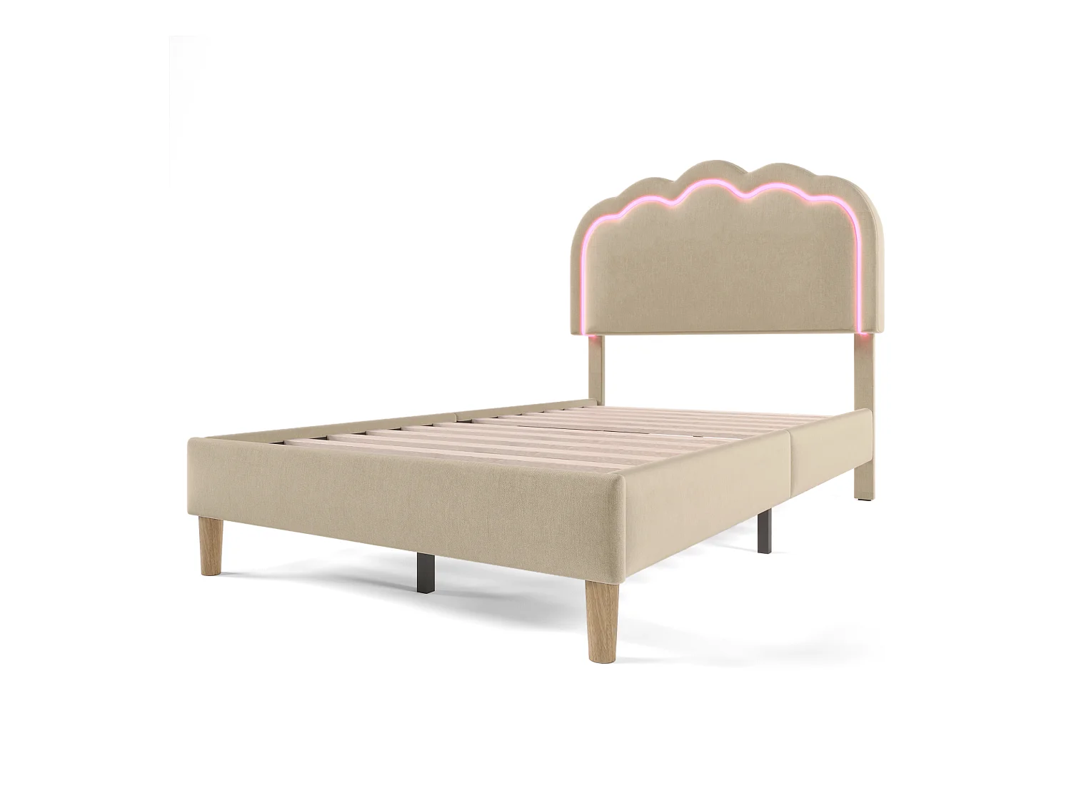 Bett 90x200 cm - Jugendbett mit verstellbarem Kopfteil und Lattenrost - LED-Beleuchtung - Beiges Leinen