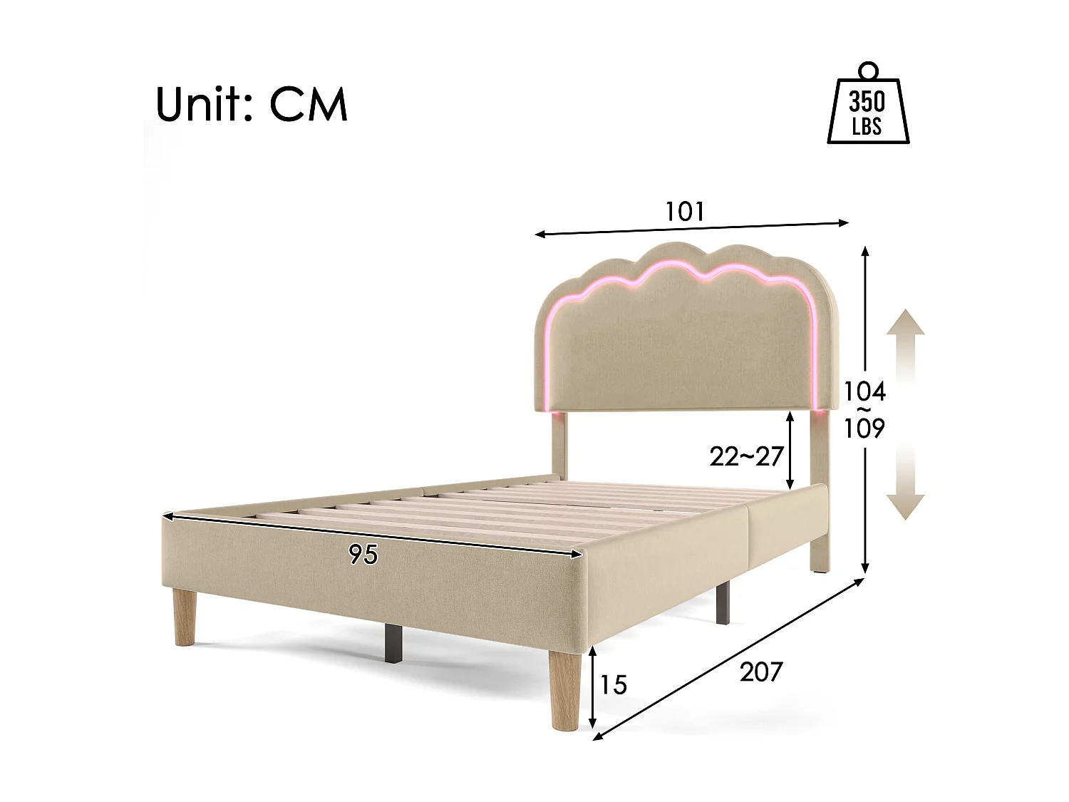 Lit simple 90 x 200 cm lit enfant avec éclairage LED et tête de lit réglable -tissu en lin biege - sans matelas