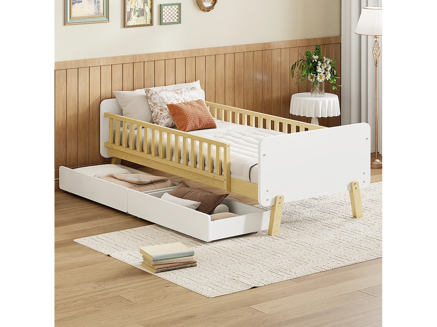Lit enfant 90x190 cm lit simple avec 2 tiroirs - en bois de pin - blanc - sans matelas