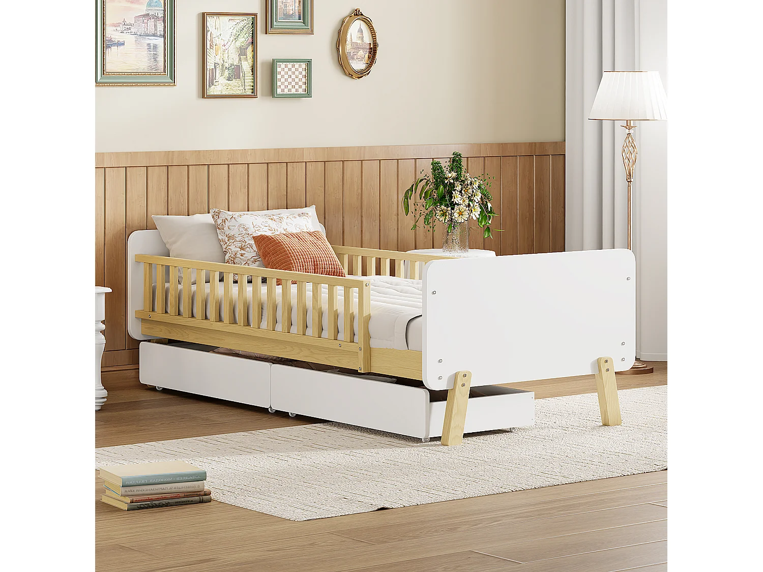 Lit enfant 90x190 cm lit simple avec 2 tiroirs - en bois de pin - blanc - sans matelas
