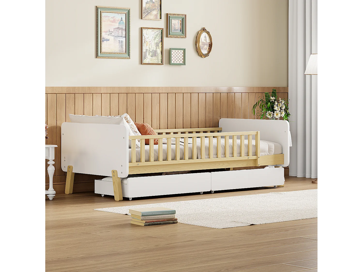 Lit enfant 90x190 cm lit simple avec 2 tiroirs - en bois de pin - blanc - sans matelas