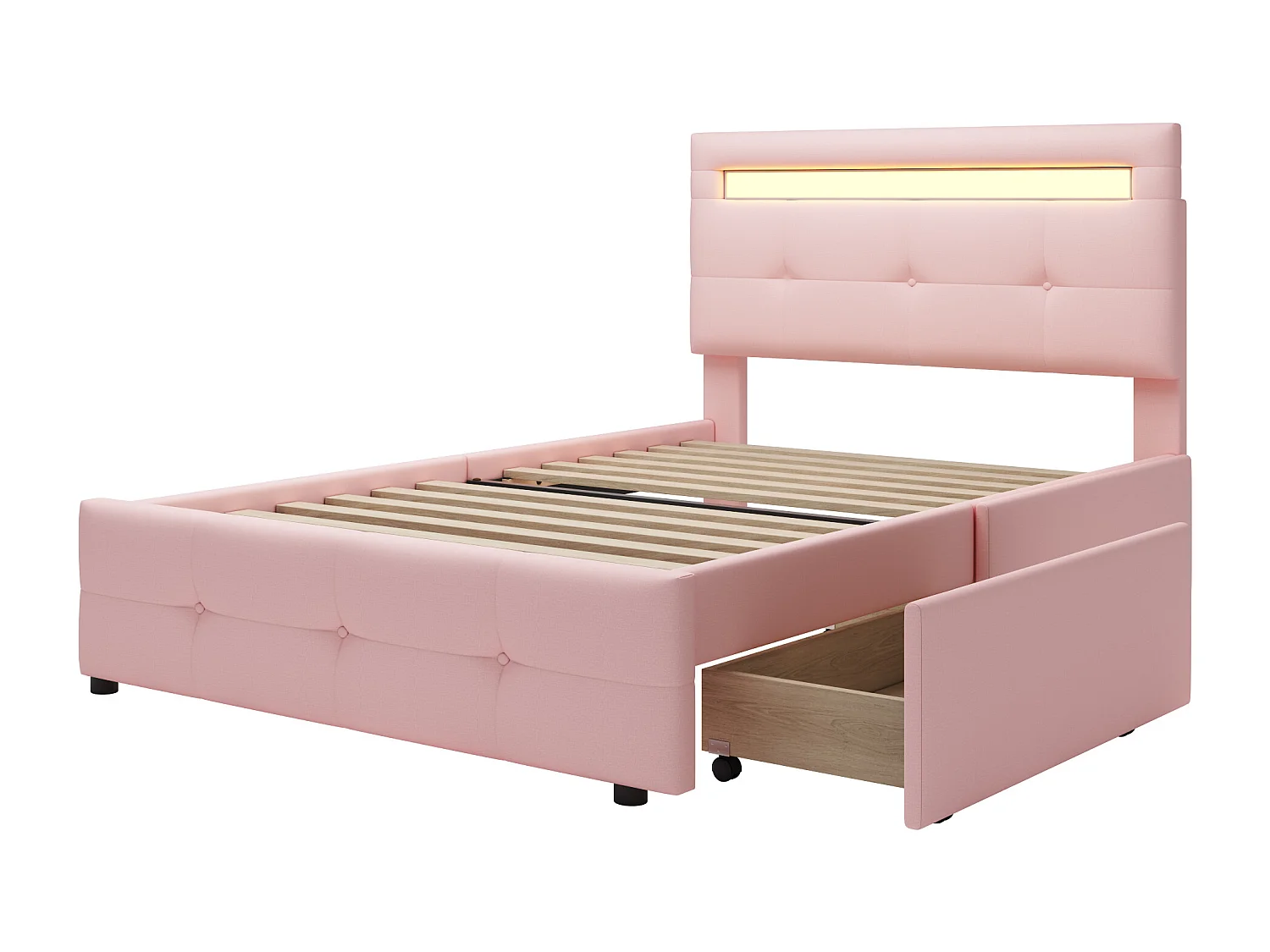 Łóżko 90x200 cm - Łóżko dziecięce z oświetleniem LED i szufladami - różowy len - bez materaca