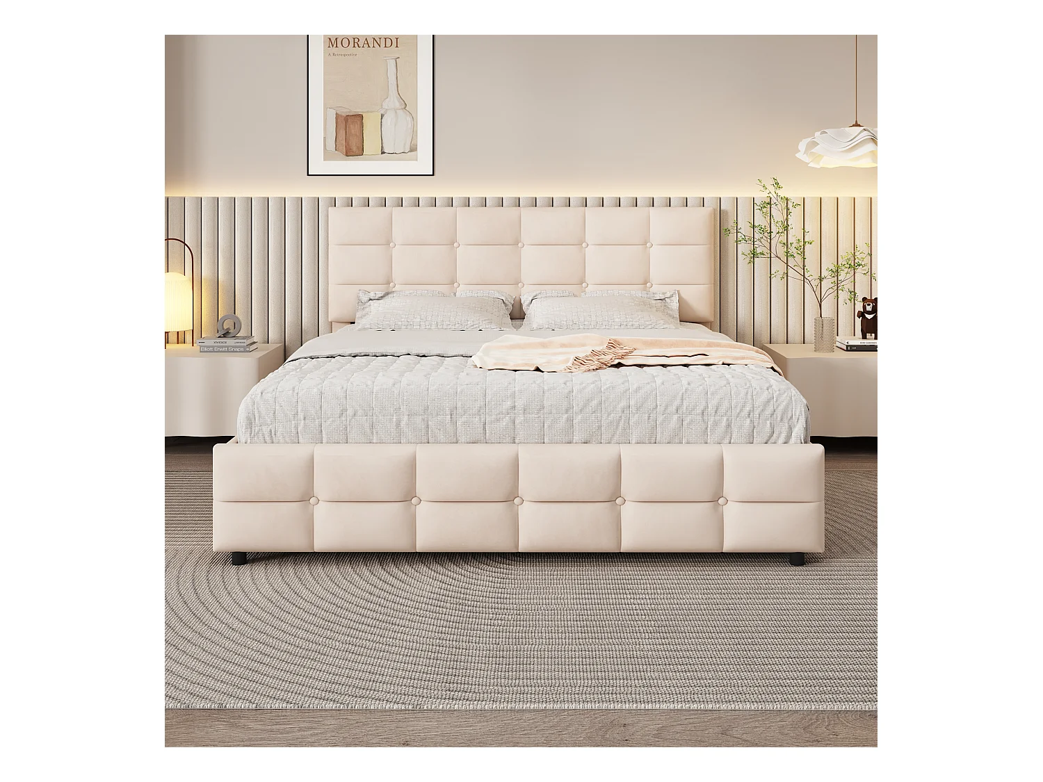 Łóżko 180x200 cm - beżowa tkanina aksamitna - łóżko dla dorosłych z 4 szufladami i stelażem - bez materaca
