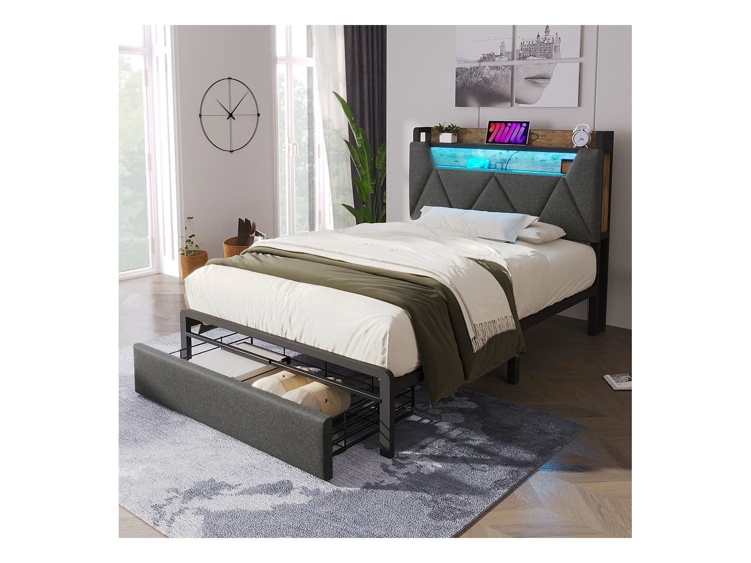 Lit simple 90x200 cm lit enfant avec chargement USB, LED et tiroirs - tissu en lin gris - sans matelas