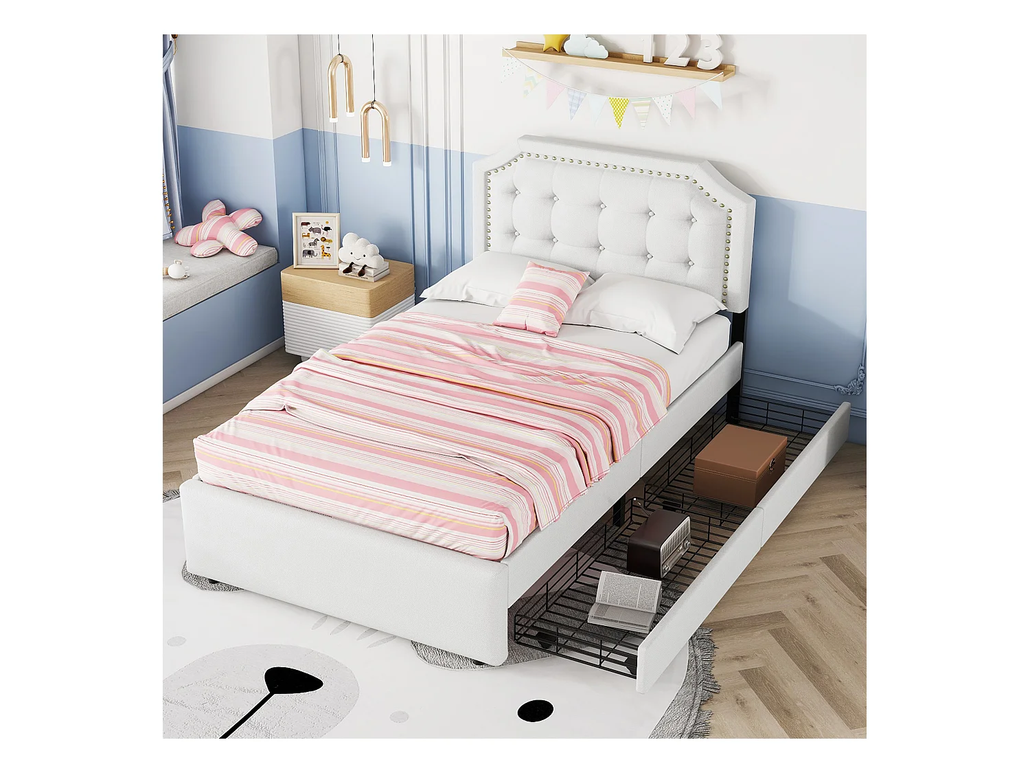 Lit simple 90x200 cm lit enfant avec tiroirs et rivets - tissu en lin beige clair - sans matelas