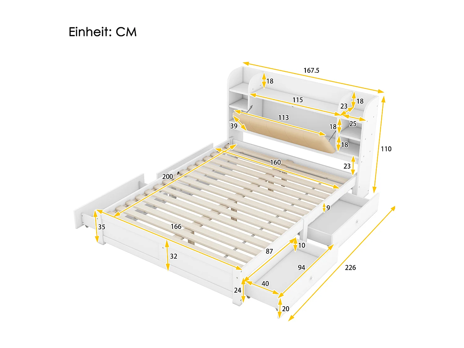Lit adulte 160x200 cm lit double avec tête de lit de rangement et tiroir - bois de pin - blanc - sans matelas