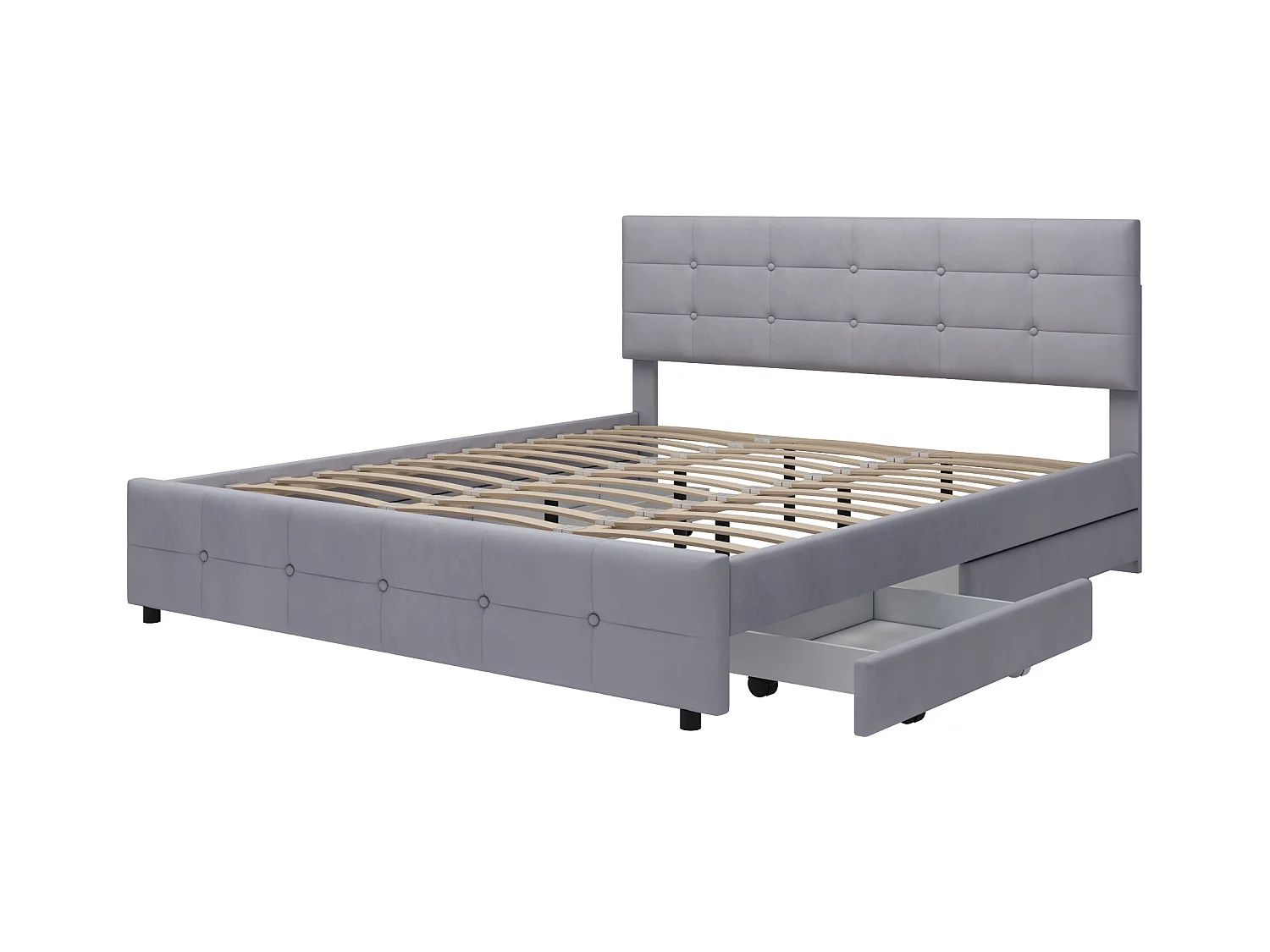 180 x 200 cm Bett – Grauer Samtstoff – Erwachsenenbett mit 4 Schubladen und Lattenrost – ohne Matratze