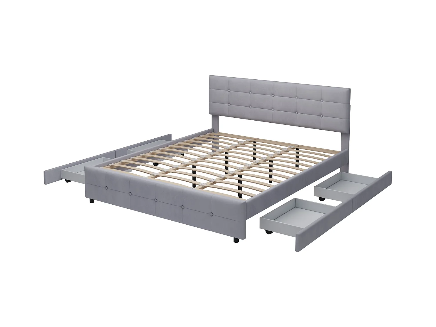 180 x 200 cm Bett – Grauer Samtstoff – Erwachsenenbett mit 4 Schubladen und Lattenrost – ohne Matratze