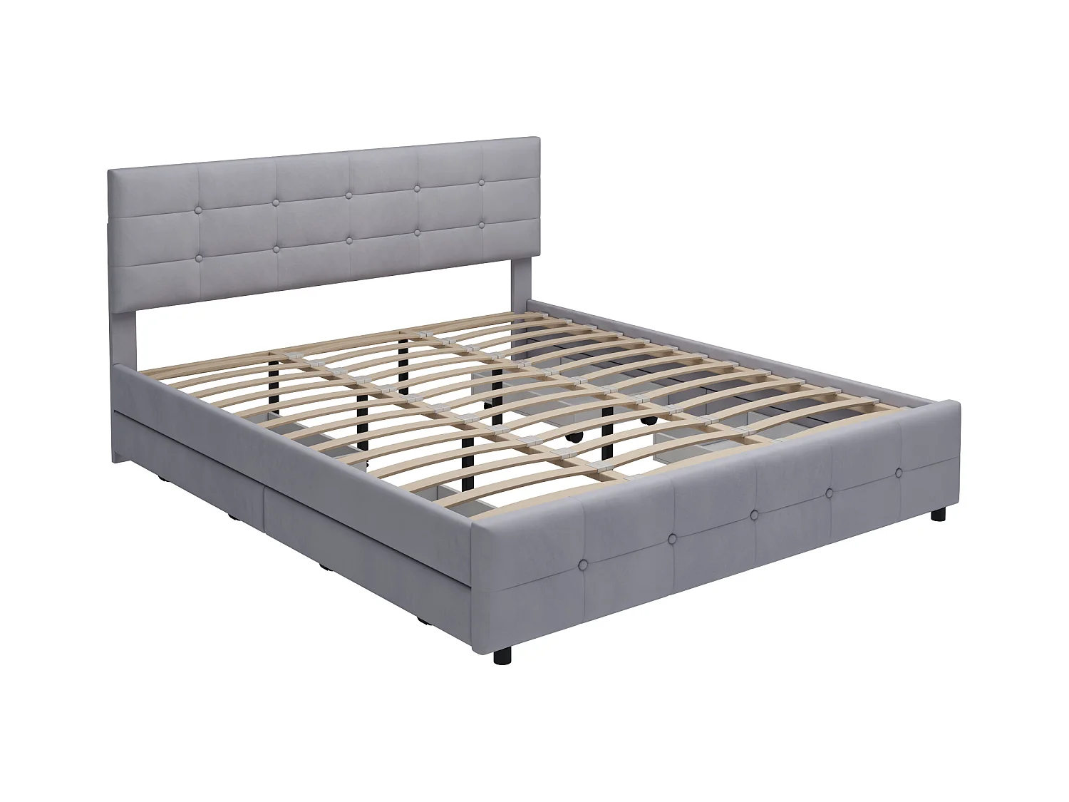 180 x 200 cm Bett – Grauer Samtstoff – Erwachsenenbett mit 4 Schubladen und Lattenrost – ohne Matratze