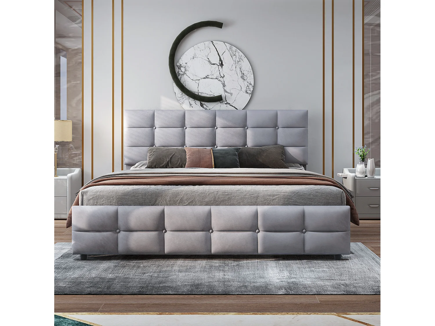 Lit adulte 180x200 cm  lit double avec 4 tiroirs et tête de lit capitonné - tissu en velours gris - sans matelas