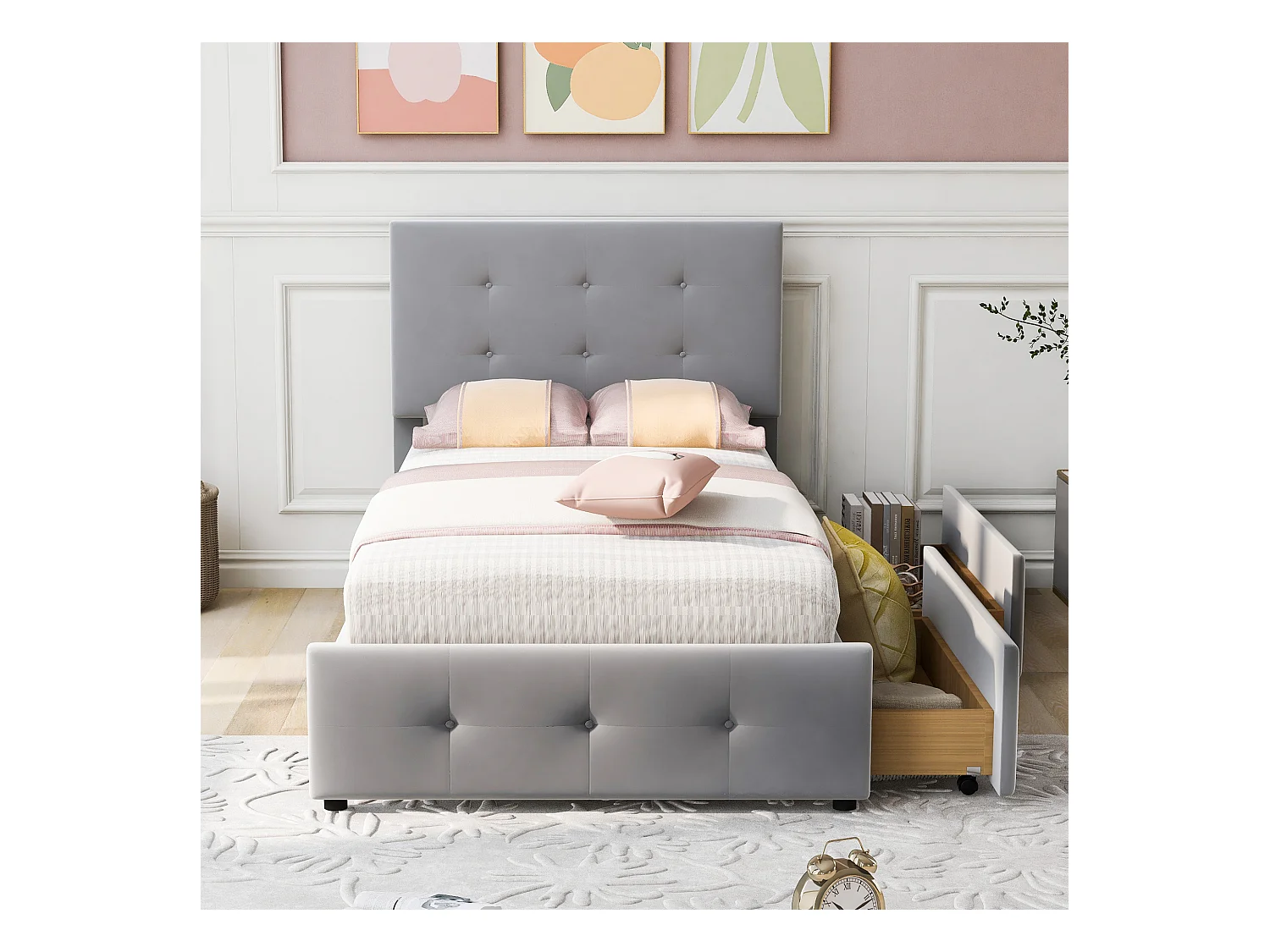 Bett 90x200 cm - Einzelbett mit 2 Schubladen und Lattenrost - Grauer Samt - Ohne Matratze