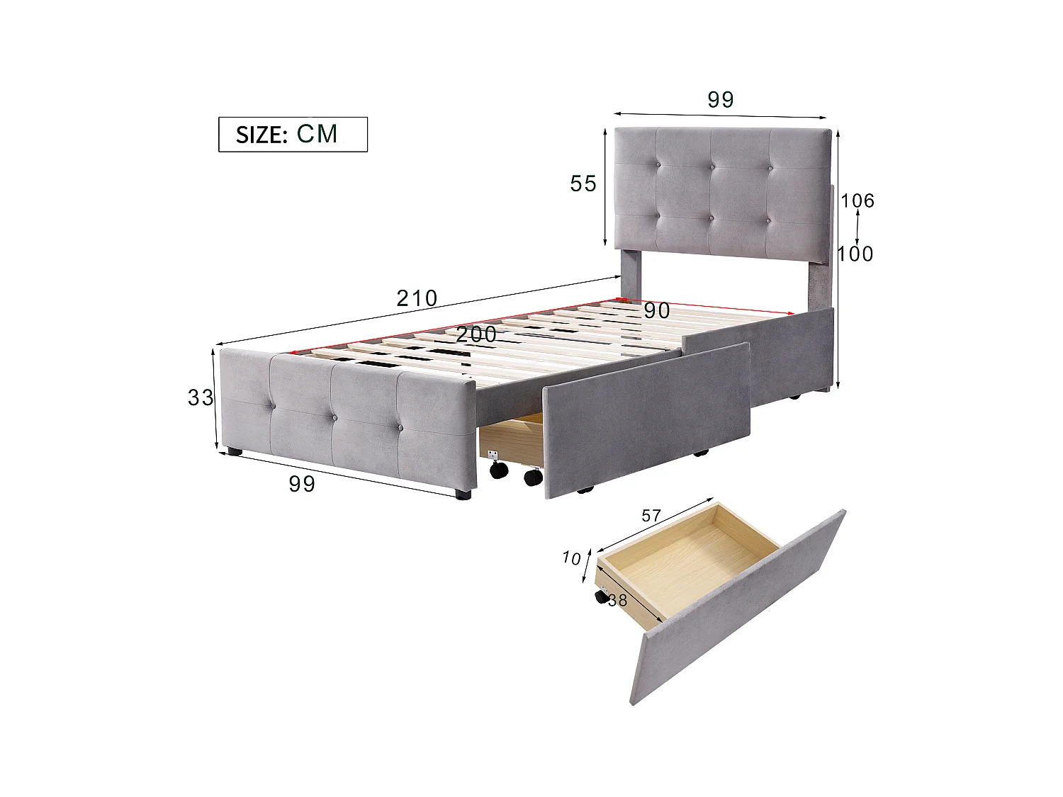 Bed 90x200 cm - Eenpersoonsbed met 2 lades en lattenbodem - Grijs fluweel - Zonder matras