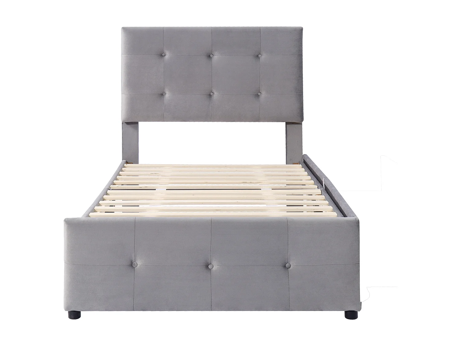 Bed 90x200 cm - Eenpersoonsbed met 2 lades en lattenbodem - Grijs fluweel - Zonder matras