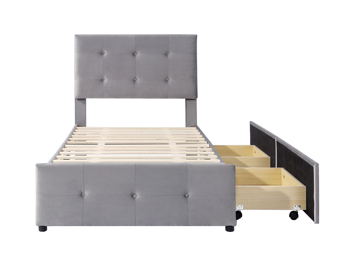 Bed 90x200 cm - Eenpersoonsbed met 2 lades en lattenbodem - Grijs fluweel - Zonder matras