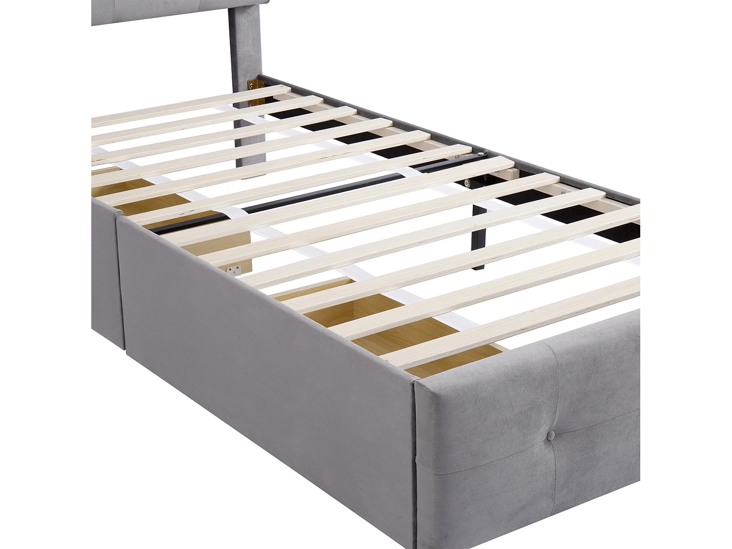 Bed 90x200 cm - Eenpersoonsbed met 2 lades en lattenbodem - Grijs fluweel - Zonder matras