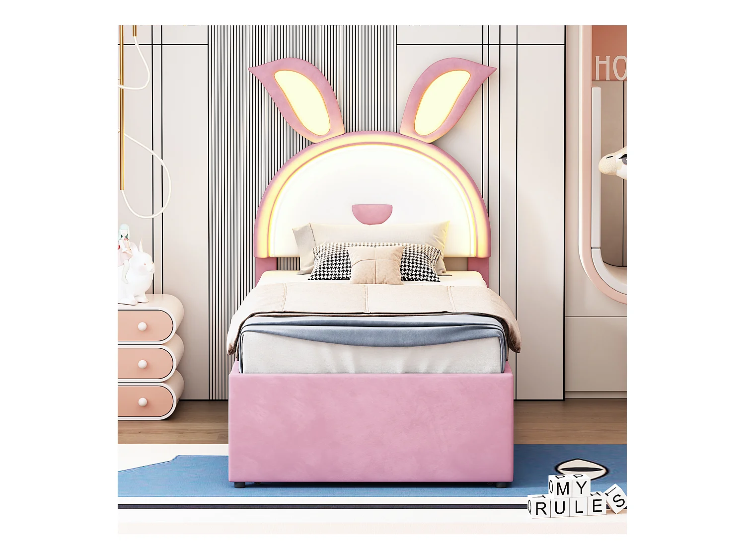 Lit simple 90x200 cm Lit simple avec tiroirs, lit gigogne et éclairage LED - tissu en velours rose - sans matelas